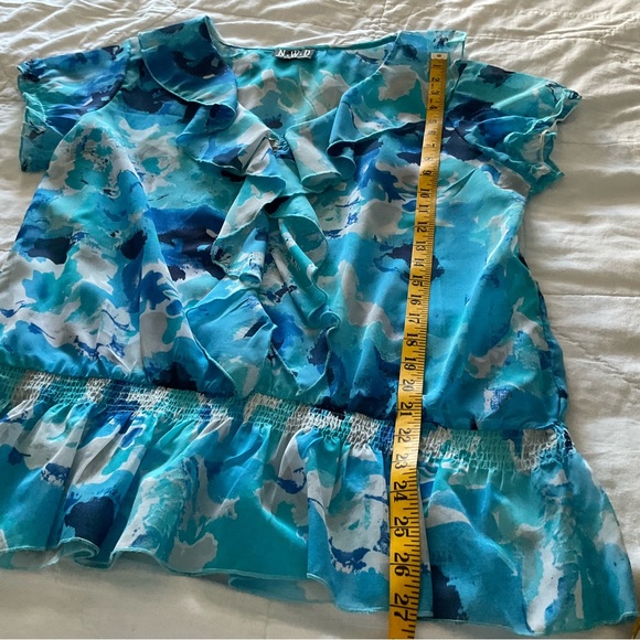 NEW WOMEN DESIGN, TEAL AND MULTI COLOUR RUFFLE BLOUSE, SIZE: L - Picture 6 of 7